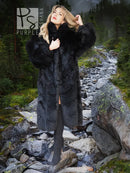 Black plush fur long coat with oversized sleeves and straight hem, front view.