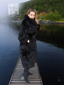 Black long plush fur coat with wide collar and full-length faux-fur body.