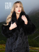 Black plush long fur coat with wide collar, close-up neckline and hands.