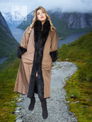 Black plush fur front with tan water-repellent shell overlay coat, standing full length.