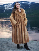 Tan raccoon fur coat with plush texture, shawl collar, and straight full-length cut.