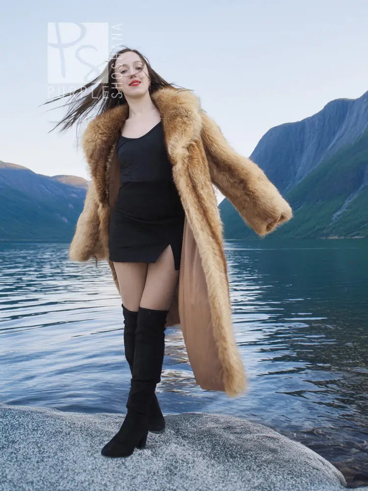 Raccoon fur coat with fur collar and long sleeves, front view
