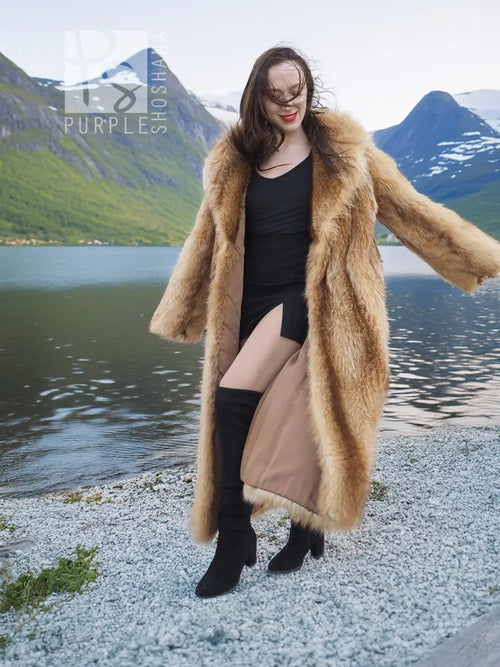 Raccoon fur coat with flared sleeves and open front, front view