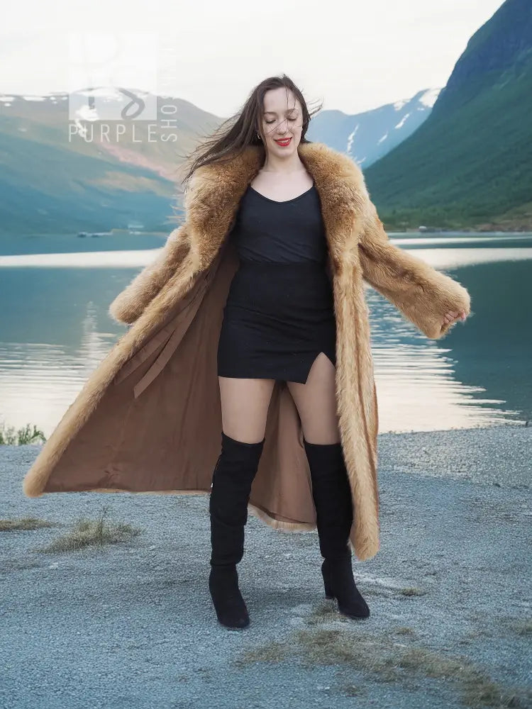 Raccoon fur coat with open front and flared shape, front view