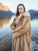 Raccoon fur coat with wide fur collar and long sleeves, front view