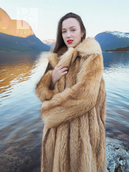Raccoon fur coat with wide fur collar and long sleeves, front view