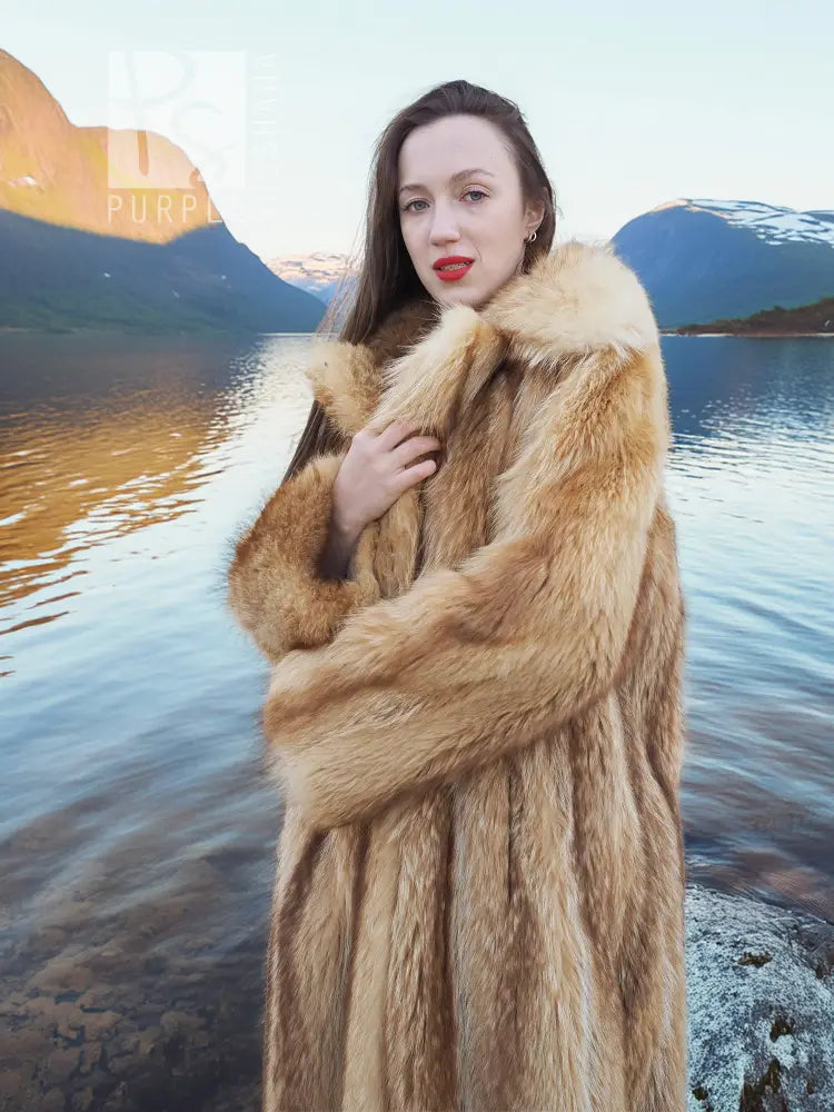 Raccoon fur coat with wide fur collar and long sleeves, front view