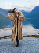 Raccoon fur coat, front view with wide collar and long flared hem