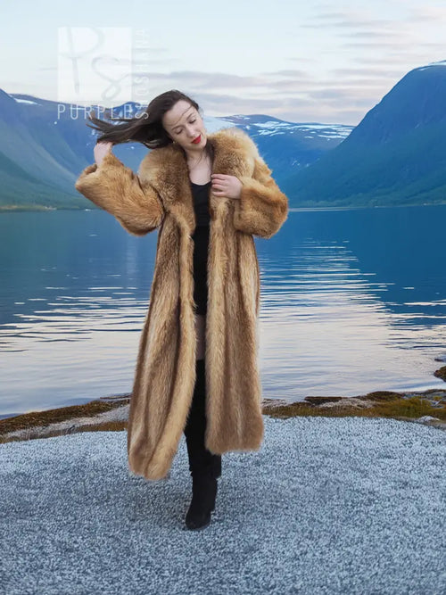 Raccoon fur coat, front view with wide collar and long flared hem