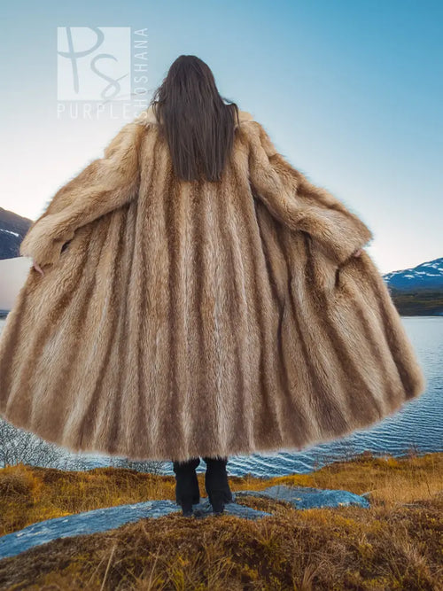 Raccoon fur coat back view with fur collar and flared hem