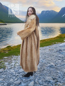 Raccoon fur coat with long straight silhouette and open front, side view