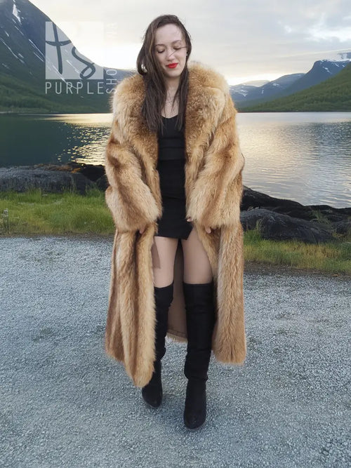 Raccoon fur coat with fur collar and sleeves, front view with open edges