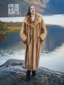 Tan raccoon fur coat with plush texture, shawl collar, and long sleeves, front view.