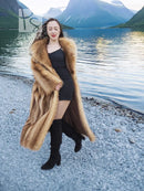 Raccoon fur coat draped over shoulders, side view with open front
