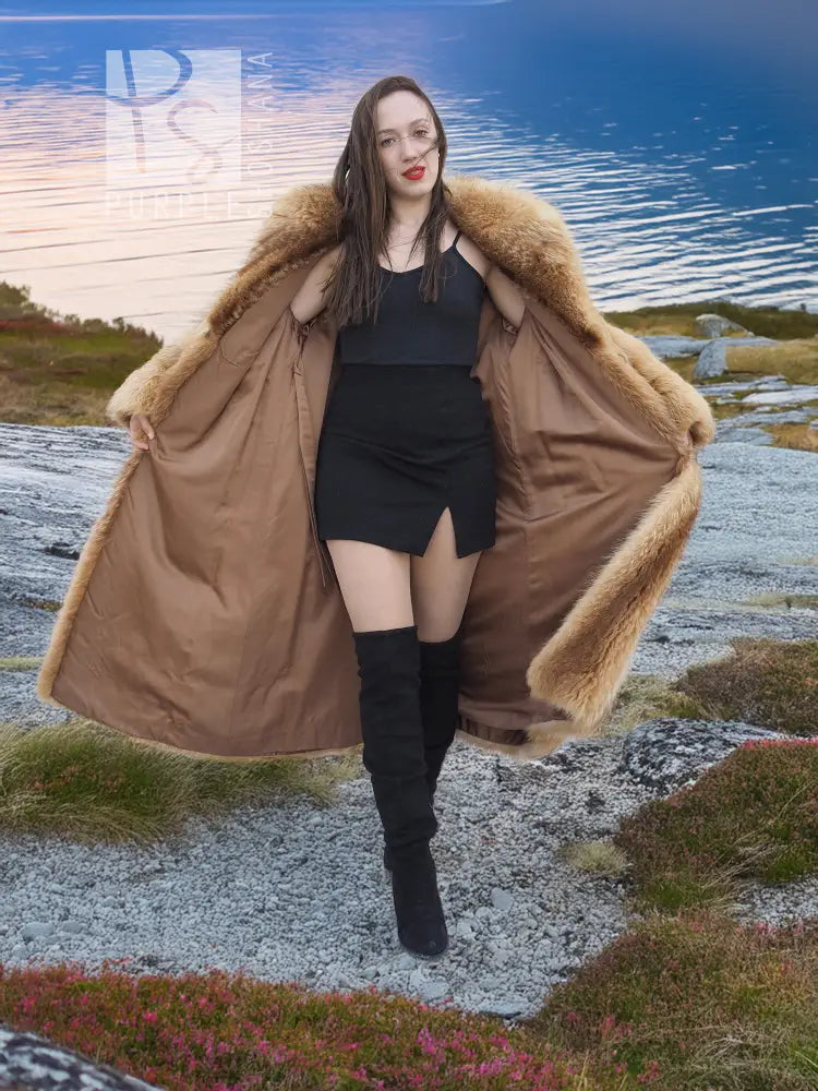Raccoon fur coat open front with fur-lined cuffs and long sleeves