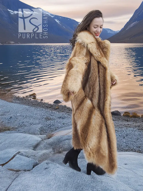Raccoon fur coat with wide collar, full-length front view, long sleeves