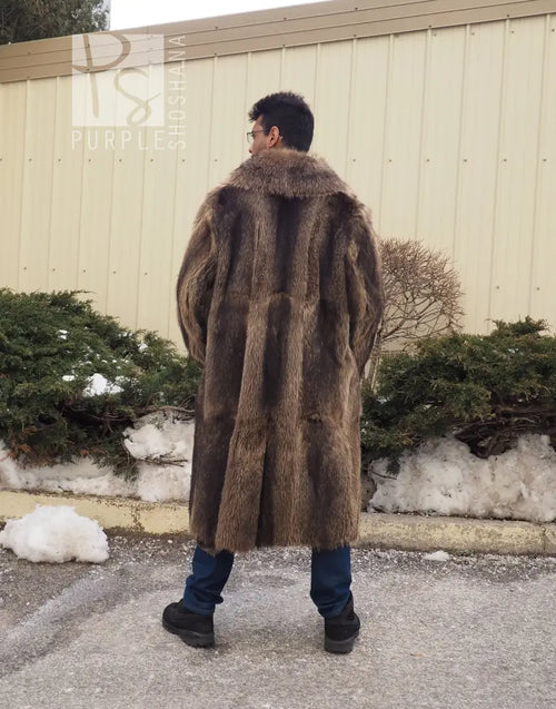 Rear view of long raccoon-fur coat in dark brown with full length panels