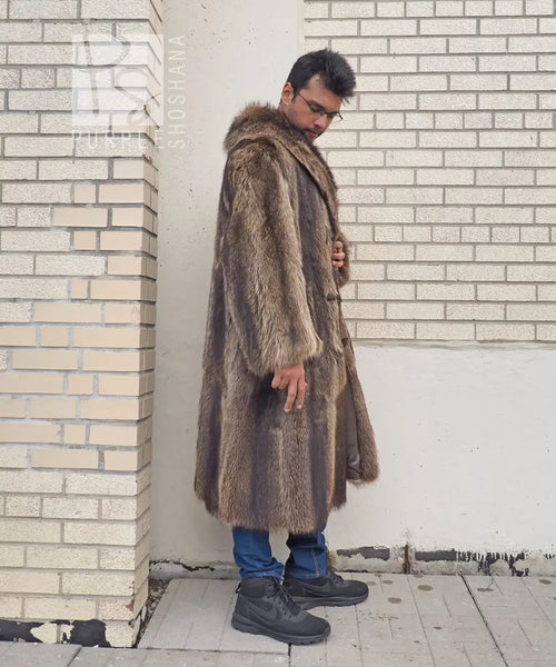 Side profile of long raccoon-fur coat with thick fur collar and button placket