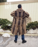 Back view of long raccoon-fur coat with large collar and full flared hem