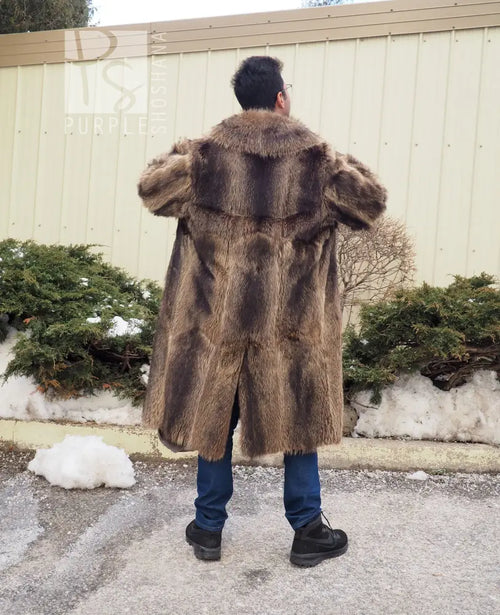 Back view of long raccoon-fur coat with large collar and full flared hem