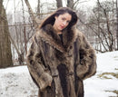 Reversible raccoon fur coat with hood, taupe-brown plush fur front and toggle closure