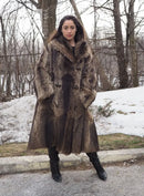 Long raccoon-fur coat with oversized collar and button front in dark brown