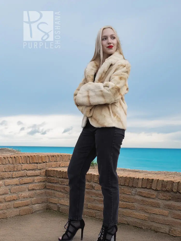 Light beige mink fur jacket with stand collar and button closure, front full-body view