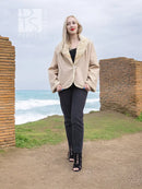 Tan mink fur jacket with cream sheared fur collar and snap front, full view
