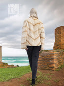 Reversible sheared mink fur jacket, cream; back view with full shoulder coverage