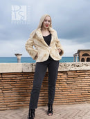 Reversible sheared mink fur jacket, cream; full front view with buttonless front