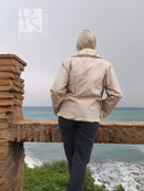 Back view of tan mink fur jacket with cream sheared fur collar