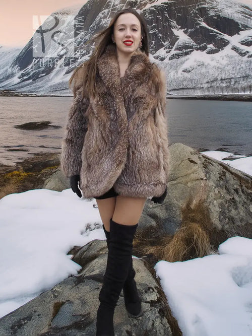 Brown fox-fur coat with textured shag finish and open front, size M.