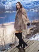 Women’s light brown fox fur coat, long sleeves, front opening, size M.