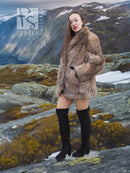 Brown fox-fur coat with full sleeves and high collar, short silhouette, size M.