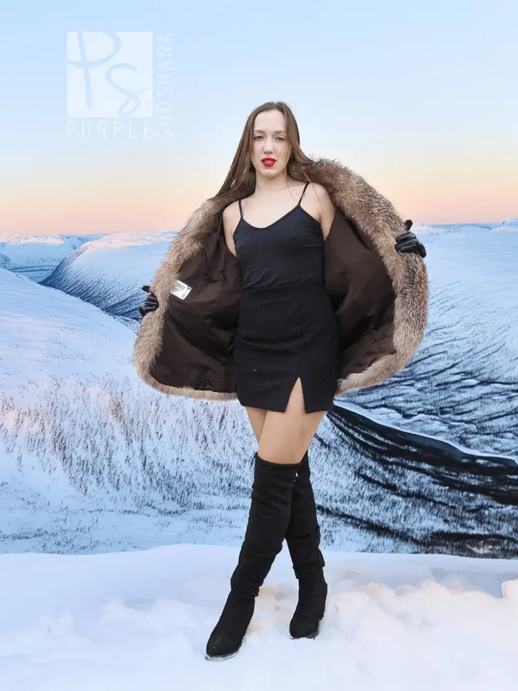 SAGA Crystal Fox coat in tan fox fur with open front and relaxed fit