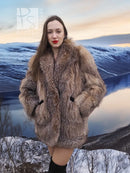 SAGA Crystal Fox coat in tan fox fur with open front and wide lapels