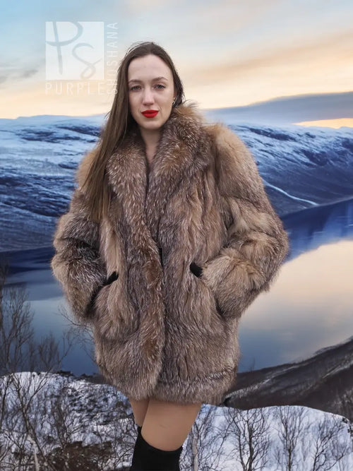 SAGA Crystal Fox coat in tan fox fur with open front and wide lapels