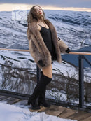 SAGA Crystal Fox coat in tan fox fur with draped look and long sleeves