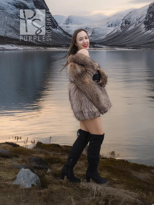 Brown fox-fur coat with high collar, long sleeves, short length, size M.