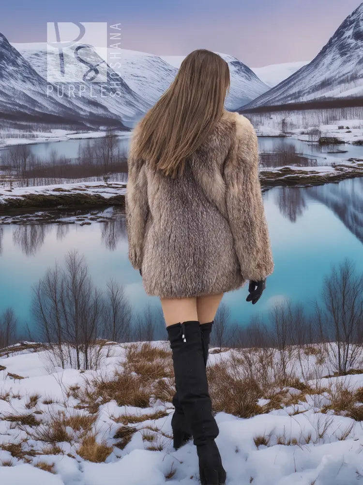 SAGA Crystal Fox coat in tan fox fur, back view with full plush texture