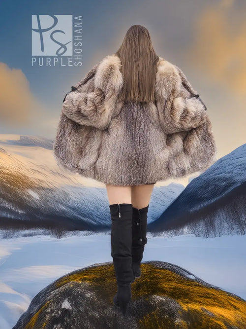 Women’s light brown fox fur coat, back view, short length, size M.