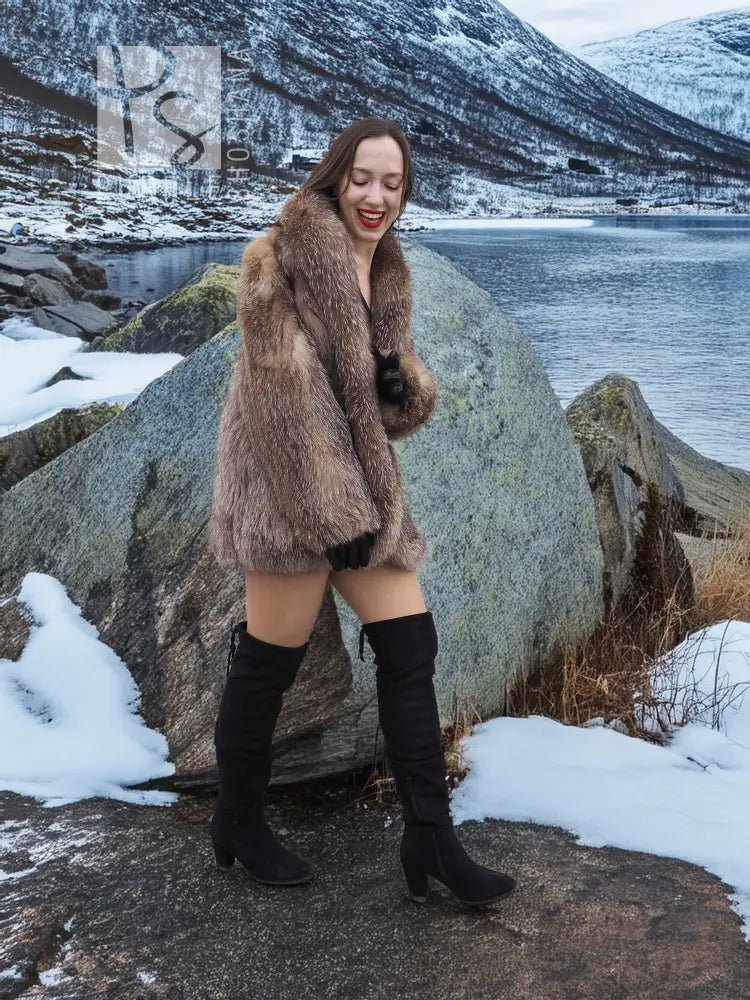 SAGA Crystal Fox coat in tan fox fur with open front and roomy body