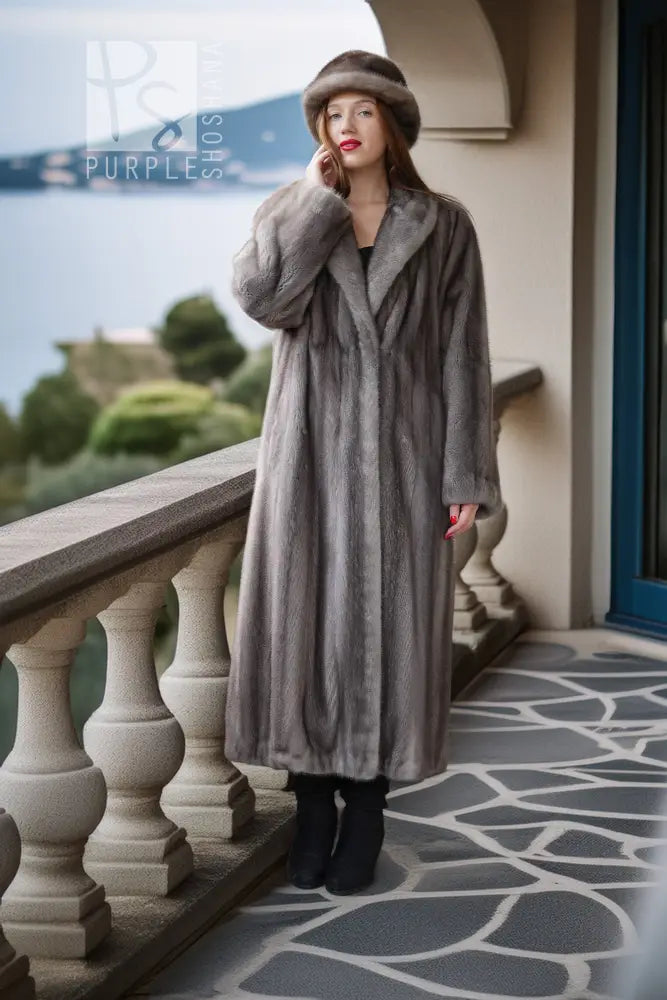 "Sapphire Afterglow" Full-Length Sapphire Mink Fur Coat And Bonus Hat