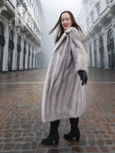 Sapphire grey mink fur coat, full front, long sleeves, flared hem