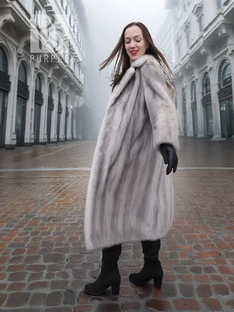 Sapphire grey mink fur coat, full front, long sleeves, flared hem