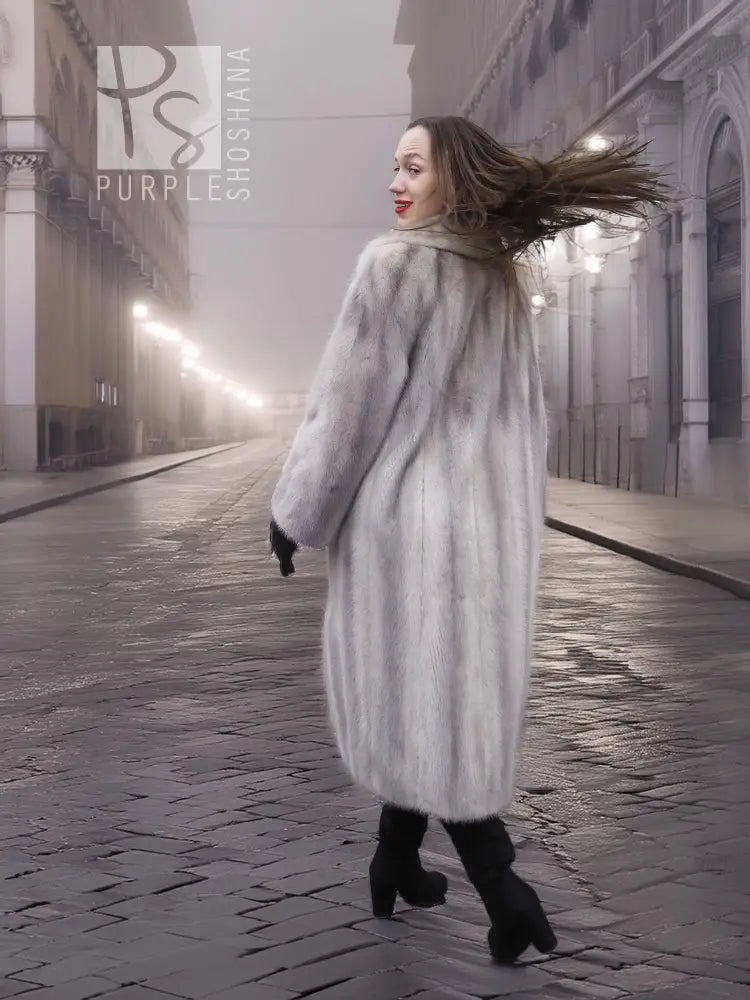 Light gray mink fur coat with wide fur collar and long sleeves, floor-length look.
