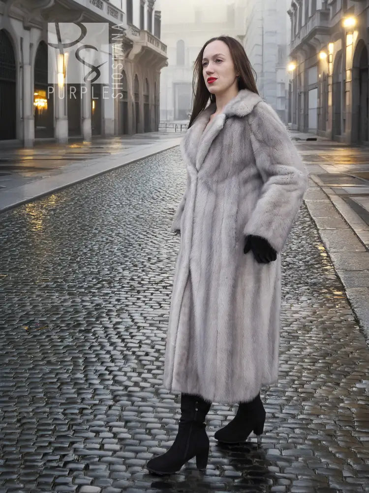 Grey mink fur coat with hooded collar, open front, and long sleeves.