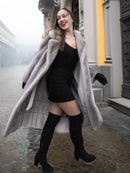 Light gray mink fur coat with flared silhouette, open front, long sleeves.