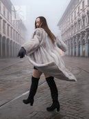 Sapphire grey mink fur coat with wide shawl collar, long sleeves, knee length