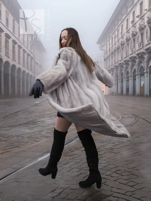 Sapphire grey mink fur coat with wide shawl collar, long sleeves, knee length